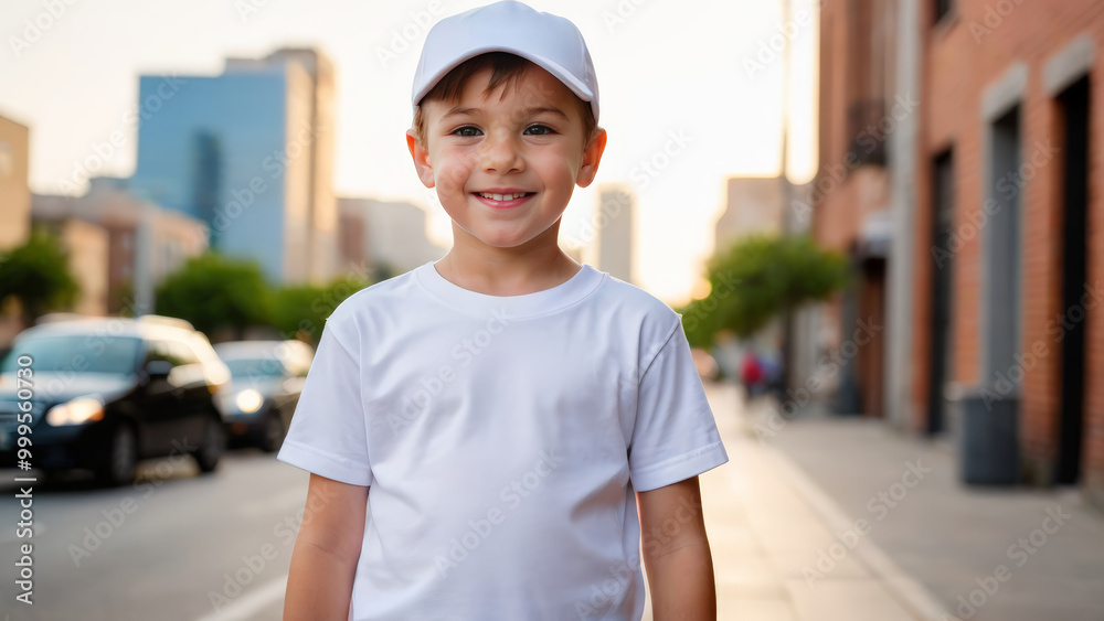 Little boy wearing white t-shirt and white baseball cap standing on the street