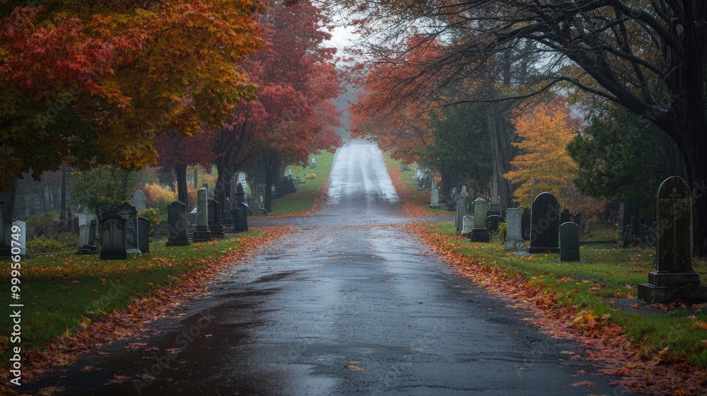 Obraz premium Road through Cemetery on Rainy Fall Day