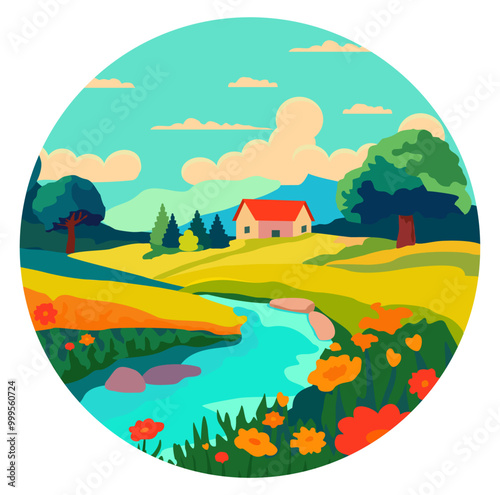 Summer landscape in flat style. Home sweet home concept. Sunny day in the garden near the country house. The house surrounded by lush blooming garden