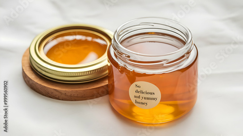 A photo of a jar of honey on a white background