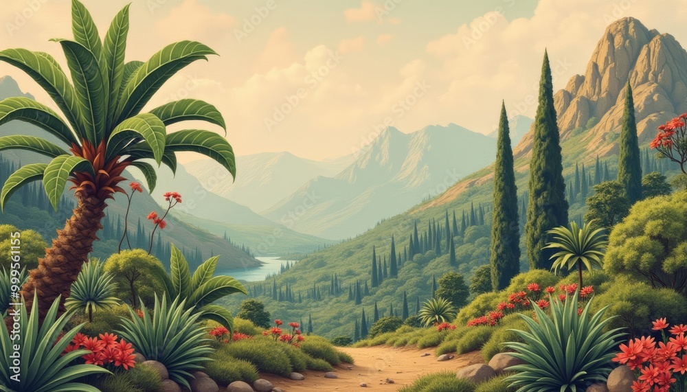 A serene tropical landscape with vibrant flora and majestic mountains A serene tropical landscape with vibrant flora and majestic mountains