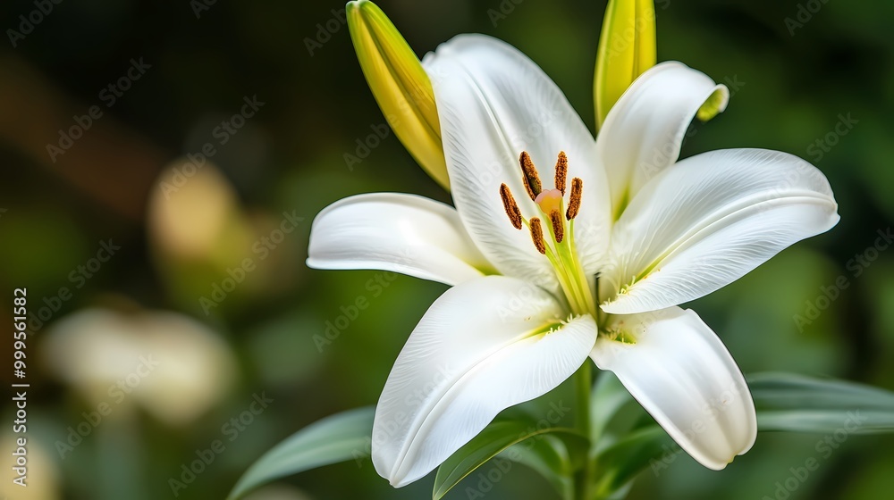 Fototapeta premium A close-up of a white lily with a yellow center