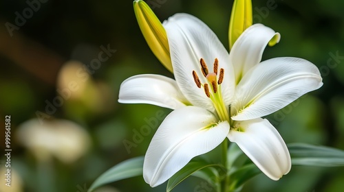 A close-up of a white lily with a yellow center