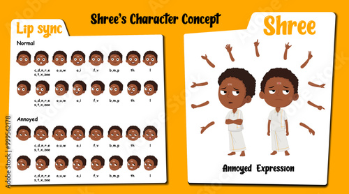 An annoyed south indian boy cartoon AKA Shree. Little boy cartoon character. Annoyed face expressions and lip sync. Set of cute boy with various hand gesture and front and 1/3 standing pose.