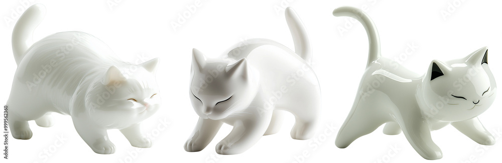Obraz premium Elegant White Cat Figurines in Playful Poses, isolated on transparent background.