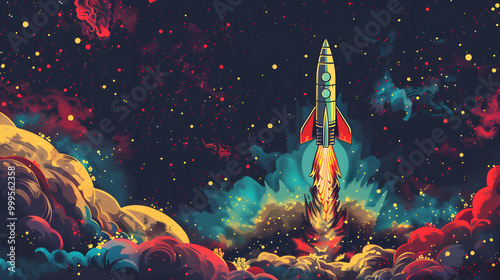 Animated rocket launching illustration with a unique color combination. photo