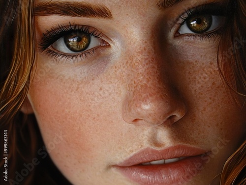 Close-up Portrait of a Woman with Freckles and Brown Eyes