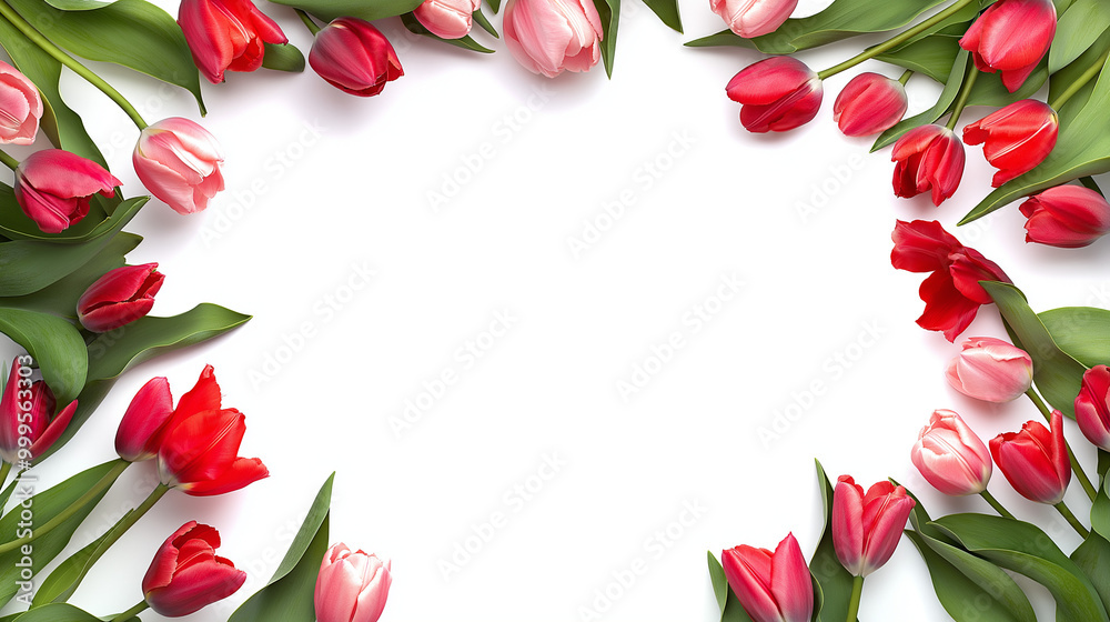 Pink and red tulips with green leaves arranged in a circle on white background with copy space Pink and red tulips with green leaves arranged in a circle on white background with copy space