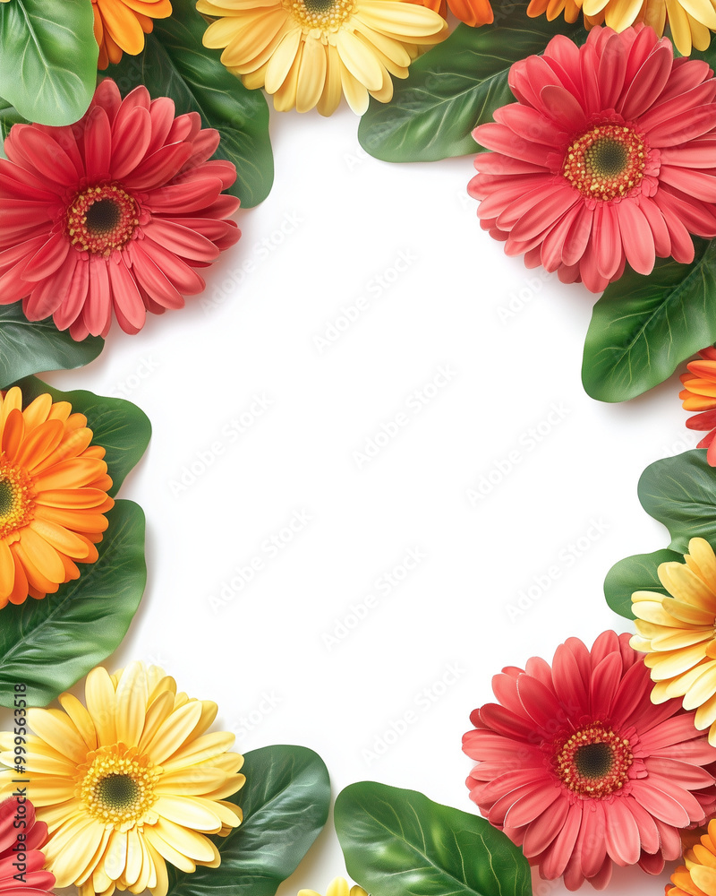 Colorful gerbera daisies and green leaves arranged in a circle on white background with copy space Colorful gerbera daisies and green leaves arranged in a circle on white background with copy space