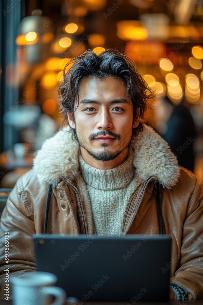 Asian man in cozy café wearing fur-lined jacket, working on laptop with warm lighting Asian man in cozy café wearing fur-lined jacket, working on laptop with warm lighting