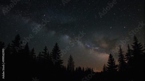 Night sky filled with stars over a dark forest in remote wilderness