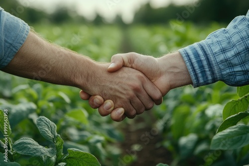 Two farmers shake hands in field. Represents cooperation and partnership in agriculture.