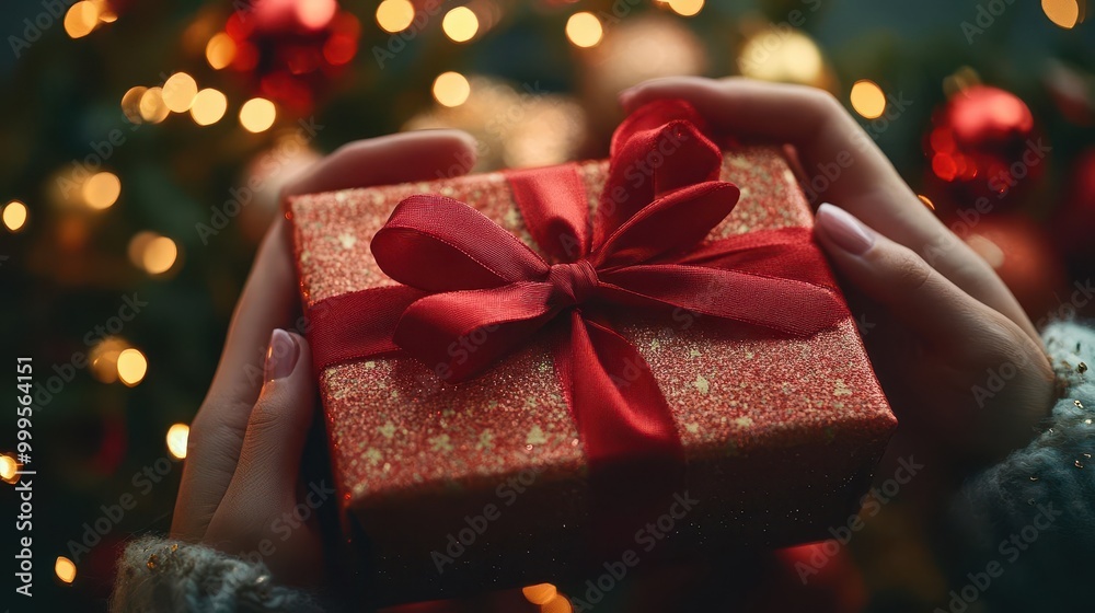A beautifully wrapped red gift box held by hands, surrounded by festive lights and decorations, perfect for holiday celebrations. A beautifully wrapped red gift box held by hands, surrounded by festive lights and decorations, perfect for holiday celebrations.