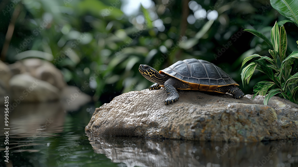Fototapeta premium Turtle Resting on a Rock by a Peaceful Pond in a Zen Garden