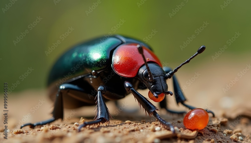 Naklejka premium A scarab beetle with a vibrant orange jewel