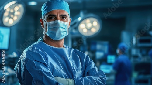 Confident male surgeon in operating room wearing scrubs and mask during surgery