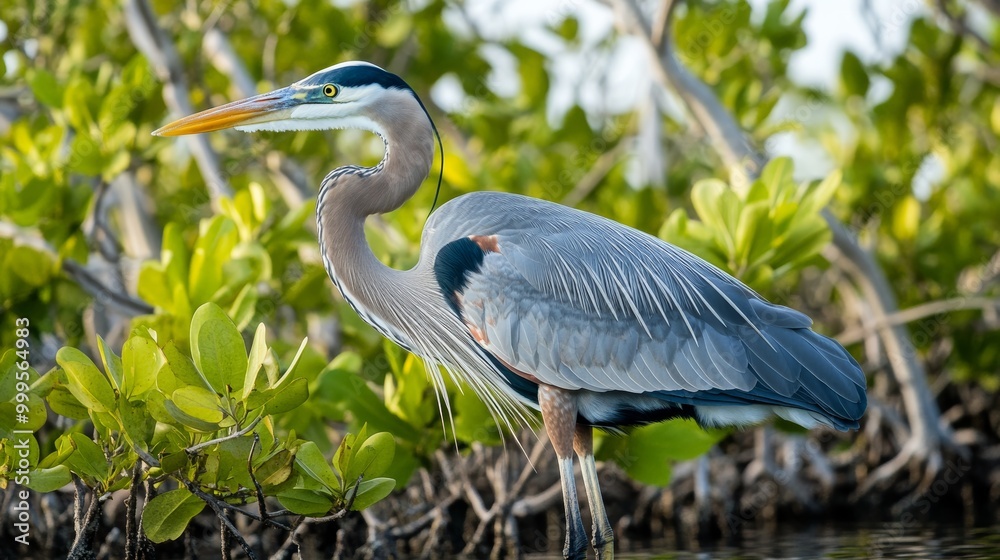 Fototapeta premium Great Heron sits amongst the mangroves in the Florida Keys