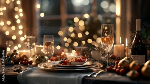 Festive new year  Dinner Table with Candlelight, with special food, celebration with champagne