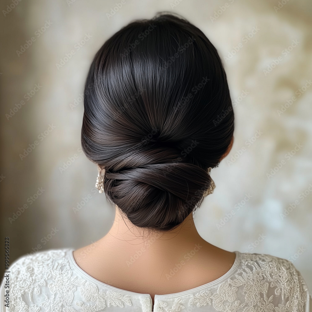 Naklejka premium An Asian bride hair style with an intricate braided crown, adorned with small pearls woven through the hair 