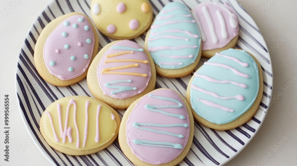 Top view of Easter themed sugar cookies with pastel icing on a striped plate Top view of Easter themed sugar cookies with pastel icing on a striped plate