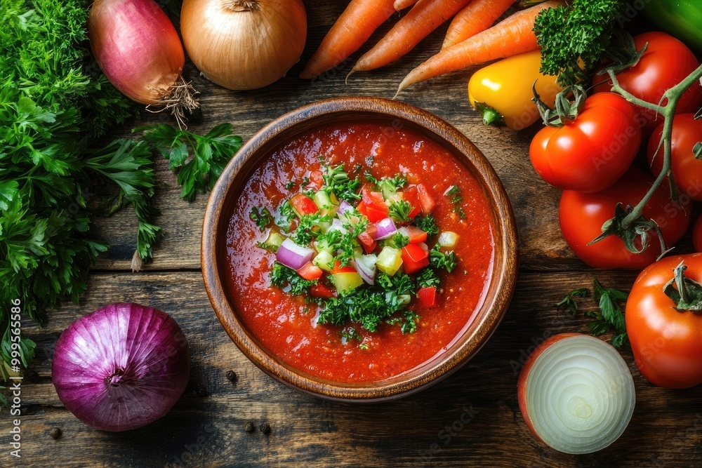 A bowl of gazpacho soup with fresh toppings. Perfect for showcasing the flavor and freshness of a summer meal. A bowl of gazpacho soup with fresh toppings. Perfect for showcasing the flavor and freshness of a summer meal.