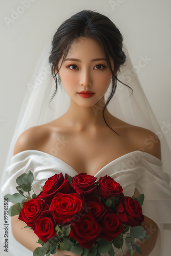 
An Asian bride wearing a long-sleeve lace gown, holding a minimal white bouquet of roses. Her hair is styled in a sleek, low bun for wedding 