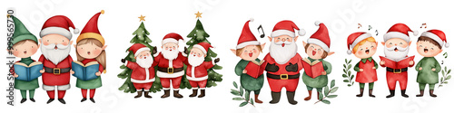 Christmas characters including Santa Claus and cheerful elves with Christmas trees.