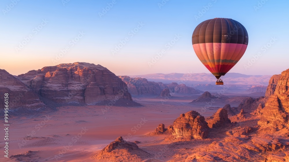 Obraz premium The view of colourful rock formations in Wadi Rum desert from a hot air balloon at sunrise