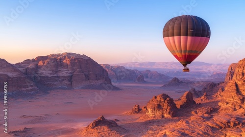 The view of colourful rock formations in Wadi Rum desert from a hot air balloon at sunrise