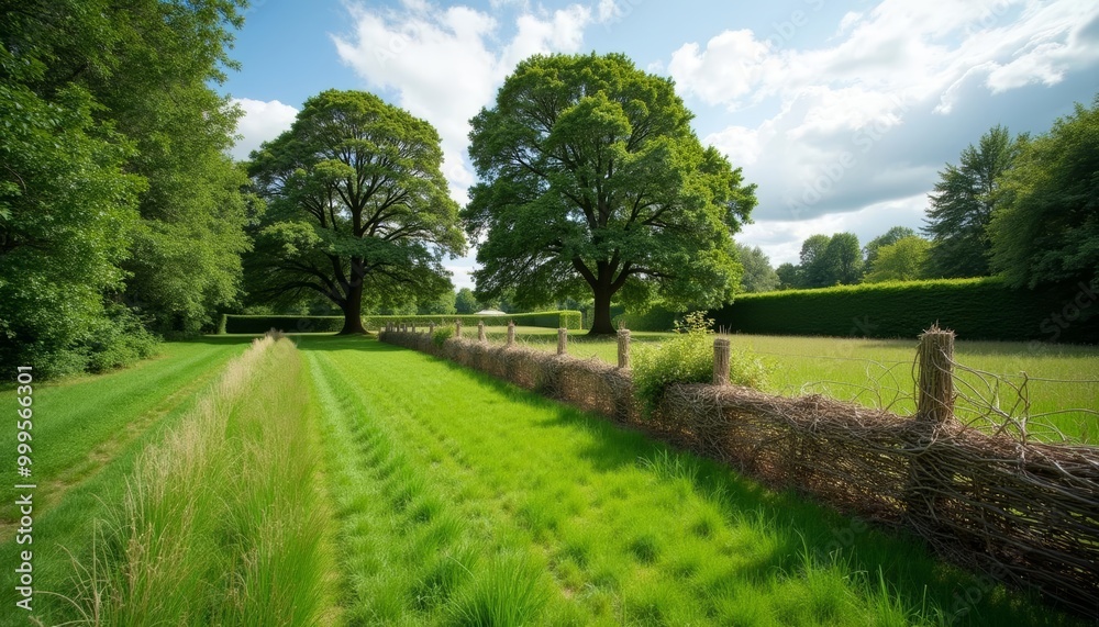 Tranquil rural landscape with lush greenery and a rustic fence Tranquil rural landscape with lush greenery and a rustic fence