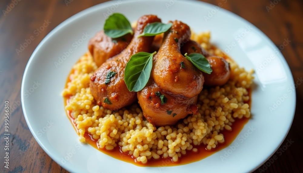 Deliciously seasoned chicken drumsticks on a bed of creamy rice Deliciously seasoned chicken drumsticks on a bed of creamy rice