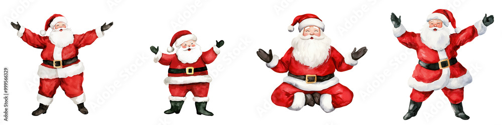 Four joyful Santa Claus characters in festive poses, white isolate background. Four joyful Santa Claus characters in festive poses, white isolate background.