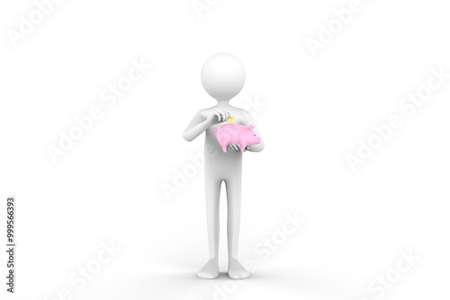 3D illustration of a Cartoon man putting gold coin into savings piggy bank