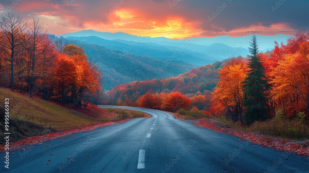 Black asphalt road landscape at sunset in beautiful colorful nature. Highway scenery among mountains in autumn season. Black asphalt road landscape at sunset in beautiful colorful nature. Highway scenery among mountains in autumn season.