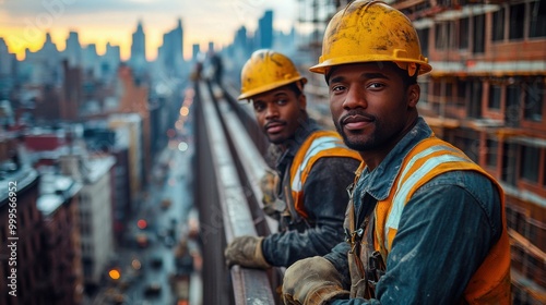 Two Black male construction workers on urban rooftop at sunset wearing safety gear