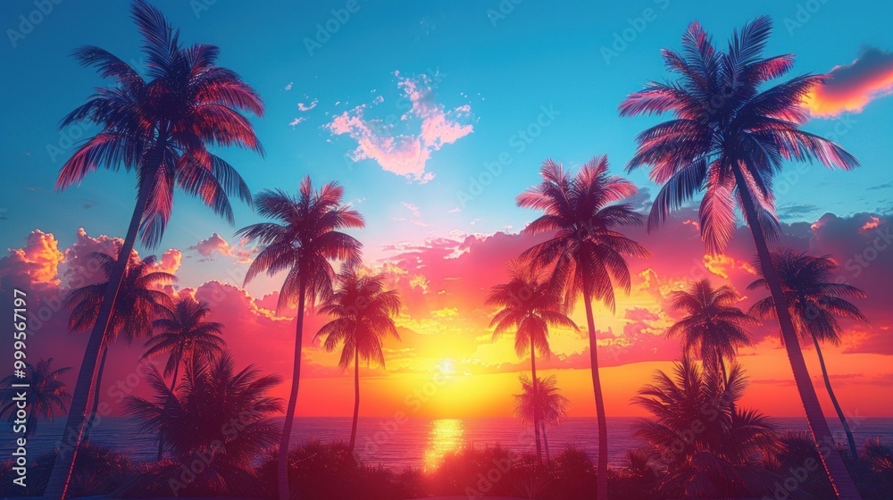 An evening on the beach with palm trees. Colorful picture for rest. Blue palm trees at sunset. Orange sunset in the blue sky. An evening on the beach with palm trees. Colorful picture for rest. Blue palm trees at sunset. Orange sunset in the blue sky.