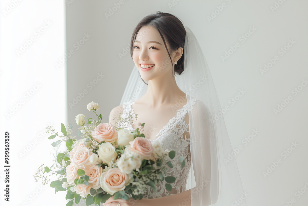 Naklejka premium An Asian bride wearing a long-sleeve lace gown, holding a minimal white bouquet of roses. Her hair is styled in a sleek, low bun for wedding 
