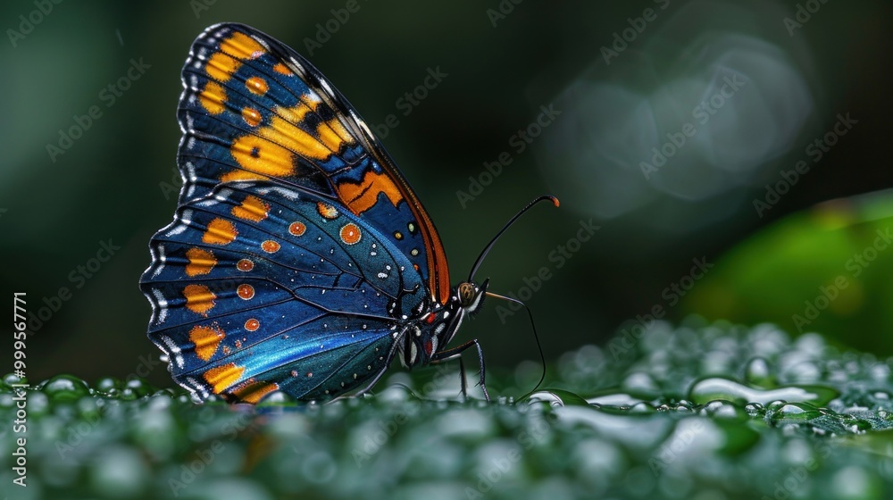 Fototapeta premium Panacea procilla, blue butterfly from Colombia. Blue orange nice insect in the nature habitat, beauty on the green leave in the forest.