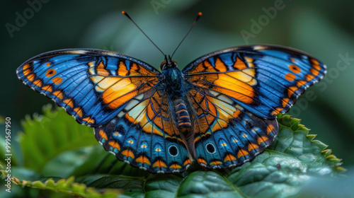 Panacea procilla, blue butterfly from Colombia. Blue orange nice insect in the nature habitat, beauty on the green leave in the forest.
