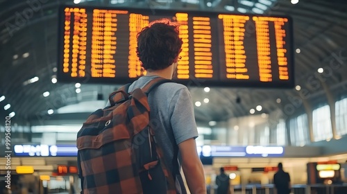 A traveler with a backpack checks a large, illuminated flight departure board at an airport