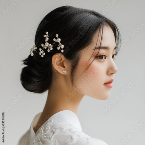 An Asian bride hair style with an intricate braided crown, adorned with small pearls woven through the hair 