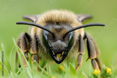 Close-up Macro Shot of Hymenoptera Shoveling Bee with Jaw Behavior in Wild Grass