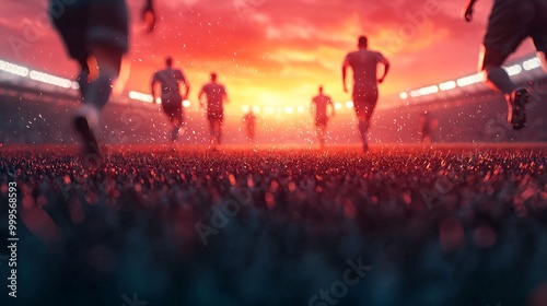 A dynamic sports scene with players sprinting towards a vibrant sunset in an atmospheric stadium.