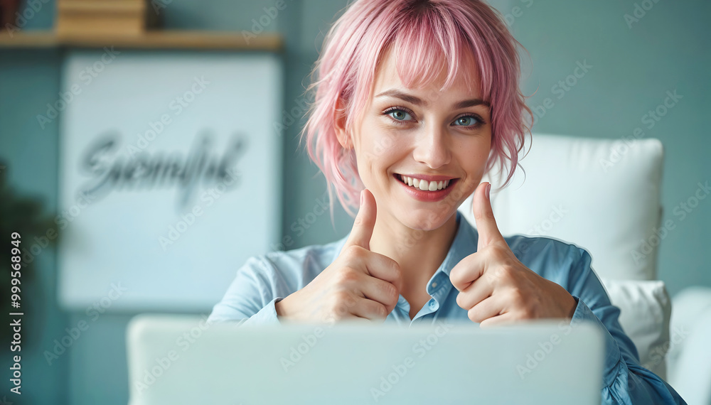 Portrait of beautiful elegant, alternative businesswoman with pink hairstyle, working in office with smile, , thumbs up gesture, business people