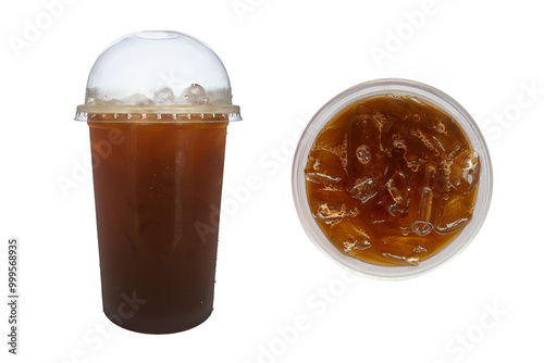 Iced black coffee in plastic cup, Side view, Top view