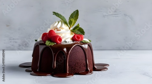 Chocolate lava cake topped with whipped cream and berries, on a light gray background.