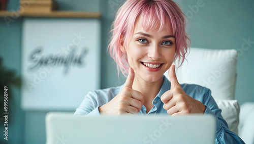 Portrait of beautiful elegant, alternative businesswoman with pink hairstyle, working in office with smile, , thumbs up gesture, business people