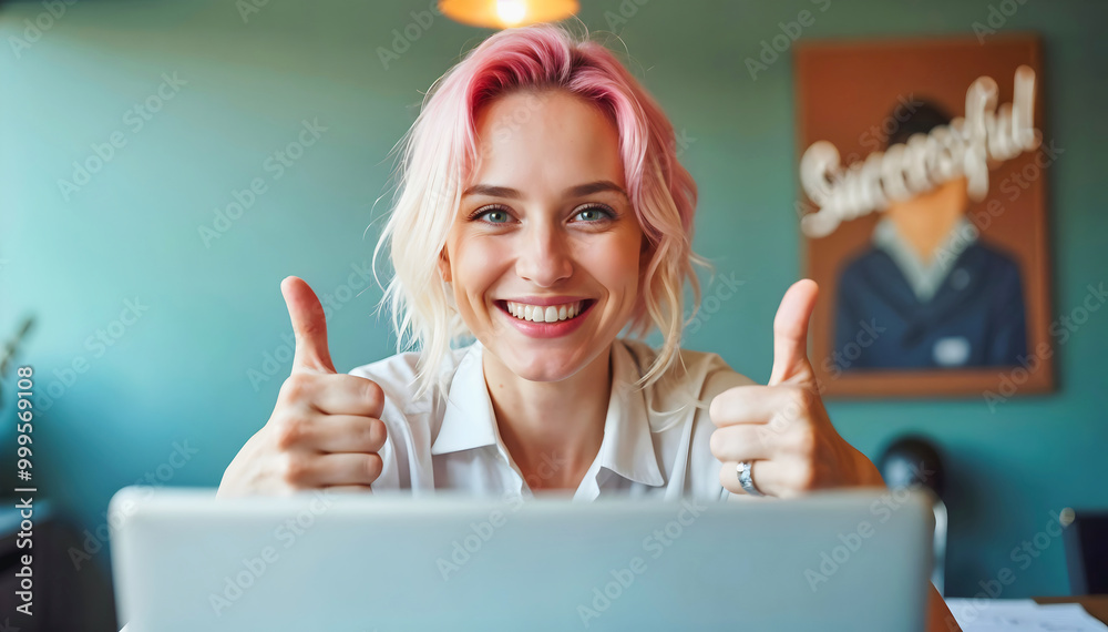Portrait of beautiful elegant, alternative businesswoman with pink hairstyle, working in office with smile, , thumbs up gesture, business people
