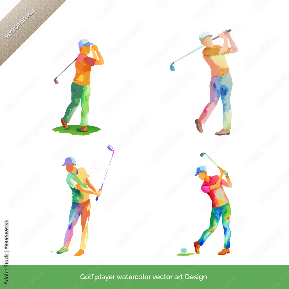 Obraz premium Golfing Action Player Watercolor Vector Art Set