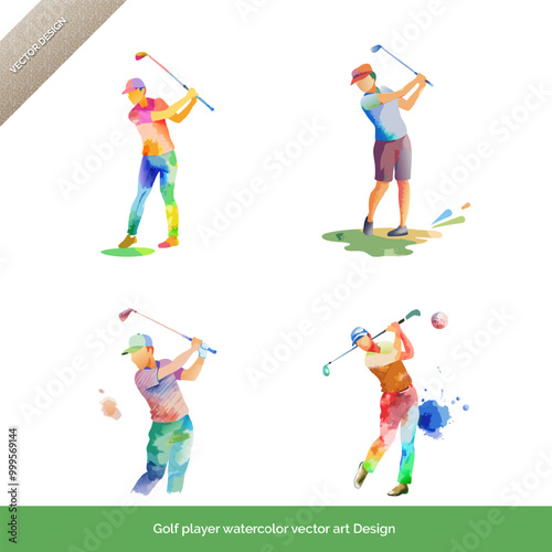 Golfing Action  Player Watercolor Vector Art Set